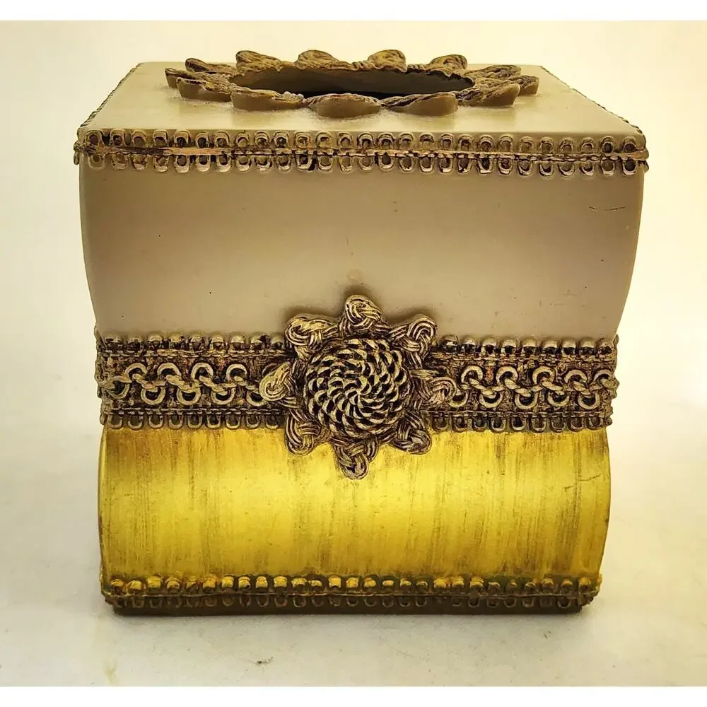 Avanti Linens Braided Medallion Tissue Box Cover Gold Beige Ornate